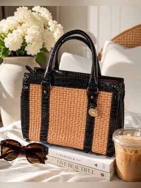 Brahmin Croc Embossed Raffia Satchel Coastal Resort Old Money Tote